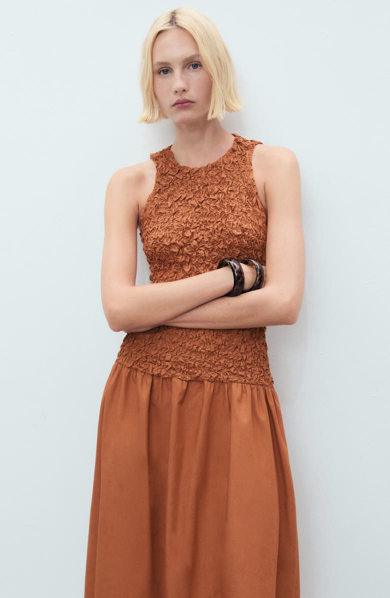 MANGO Textured Bodice Open Back Sundress, Alternate, color, Medium Brown