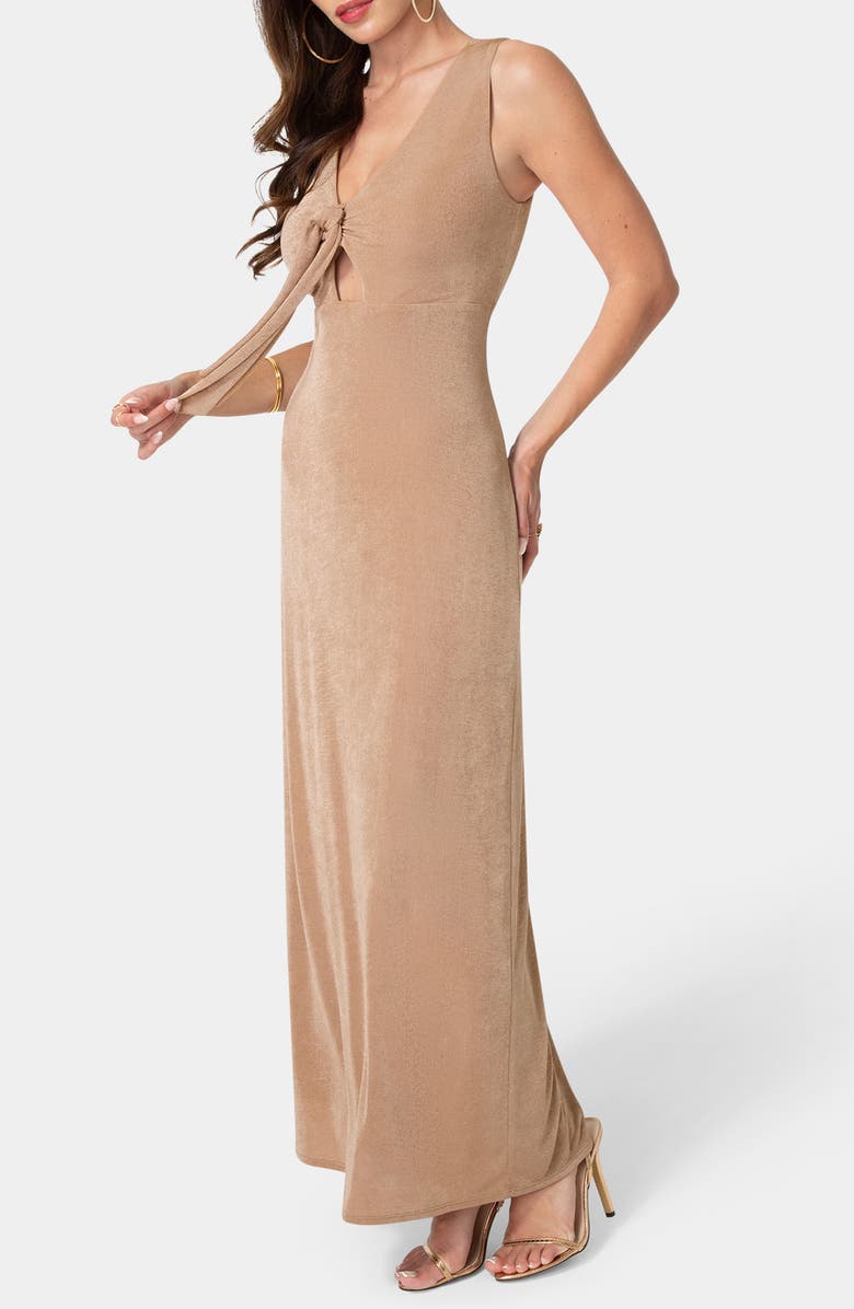 bebe Tie Cutout Sleeveless Maxi Dress, Alternate, color, Mocha