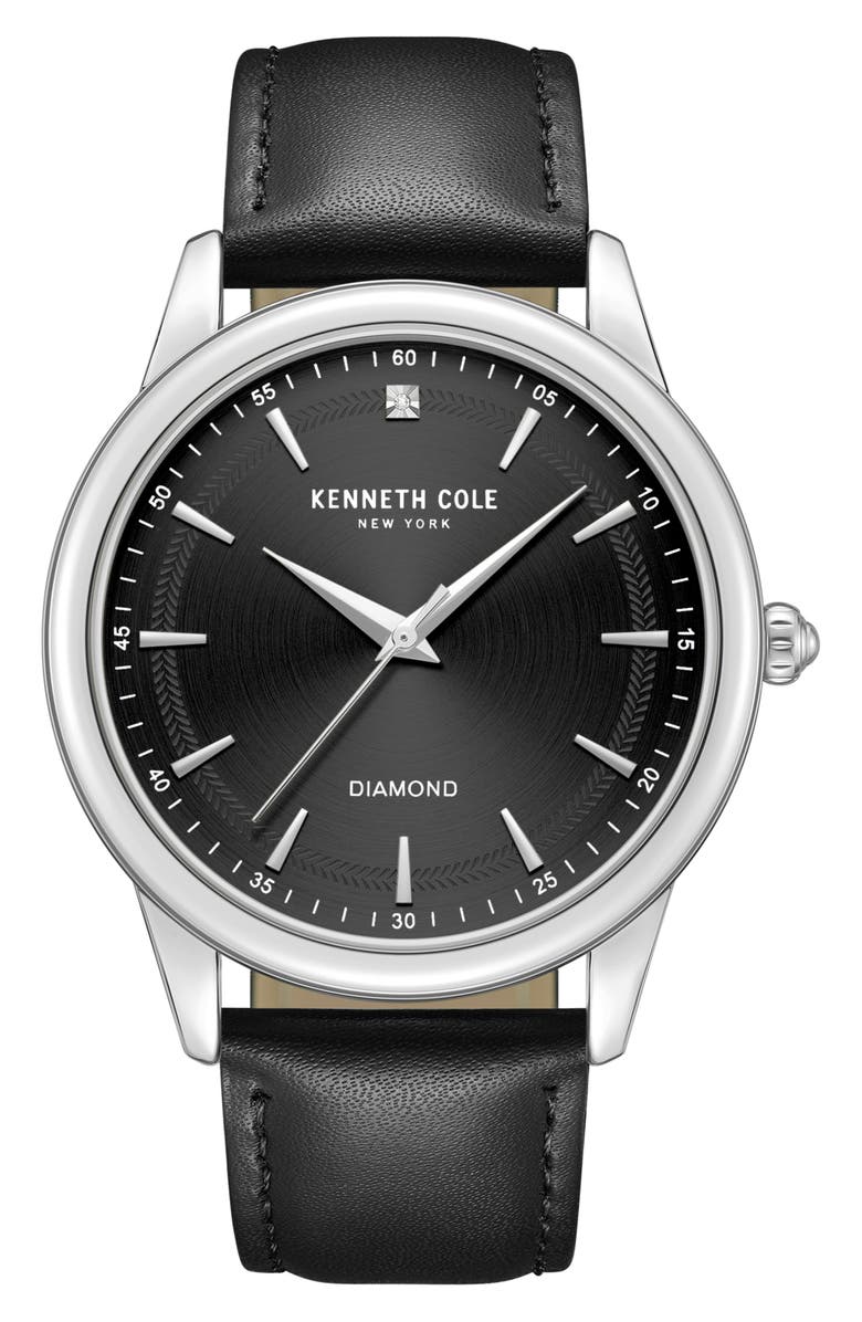 Kenneth Cole New York Genuine Diamond Leather Strap Watch, 43mm - 0.005ct., Main, color, 