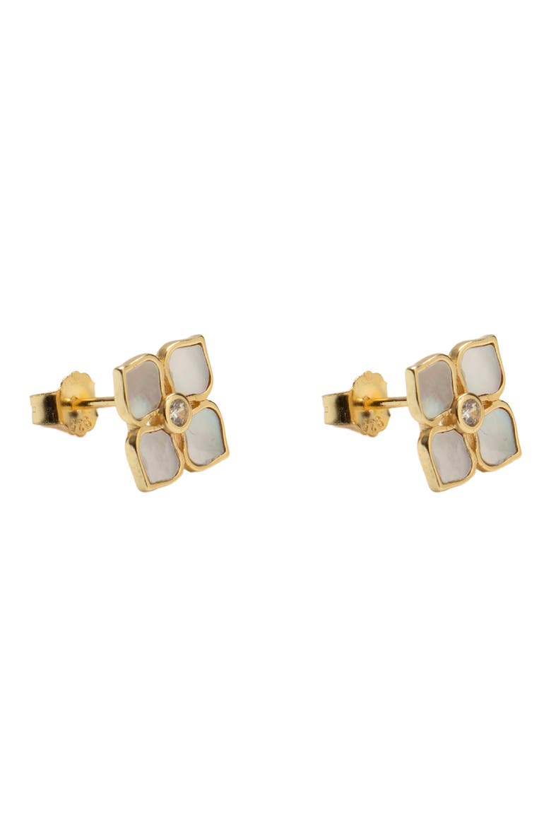 Mother of Pearl Flower Stud Earrings, Main, color, GOLD