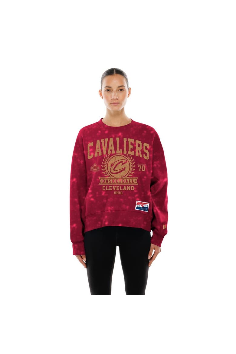 Women's New Era  Wine Cleveland Cavaliers Throwback Collection Mineral Wash Crewneck Sweatshirt, Main, color, Wine