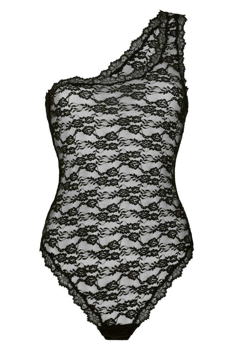 Aveline One-Shoulder Lace Bodysuit, Alternate, color, CAVIAR