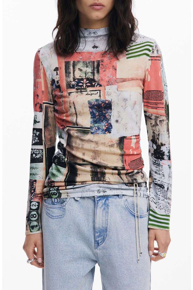 Print Mock Neck Top, Main, color, BEIGE