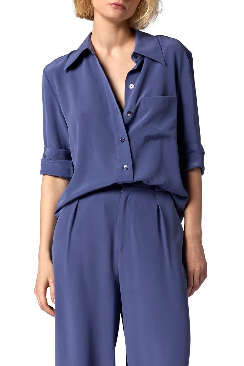 Quinne Silk Button-Up Shirt, Main, color, BLUE INDIGO