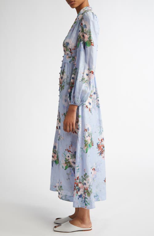 Zimmermann Everley Midi Light Blue Multicolor Dress In Light Blue Watercolour Floral