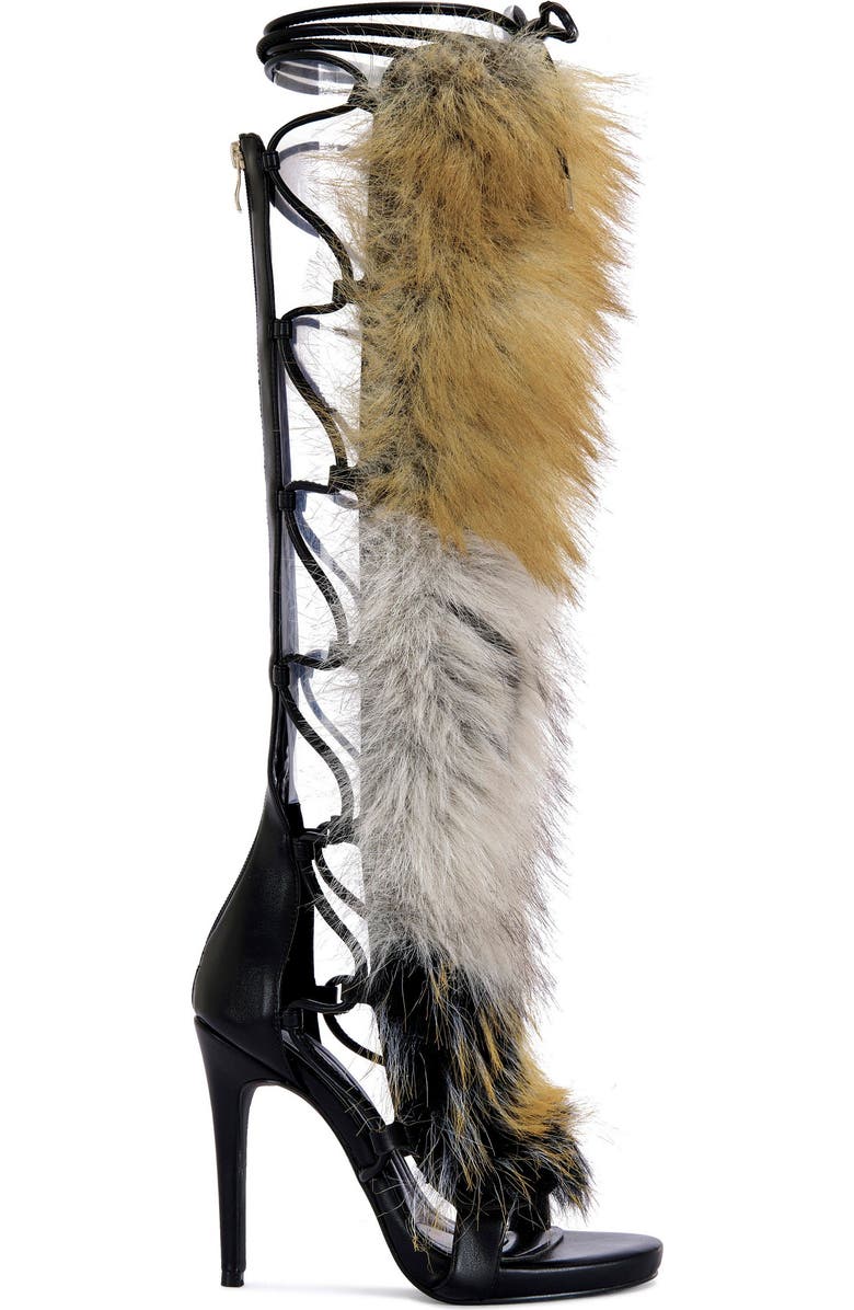 AZALEA WANG STAMOS-BROWN FAUX FUR GLADIATOR SANDAL BOOT - BROWN / 6 / STILETTO, Main, color, Brown