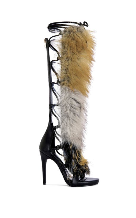 STAMOS-BROWN FAUX FUR GLADIATOR SANDAL BOOT - BROWN / 6 / STILETTO