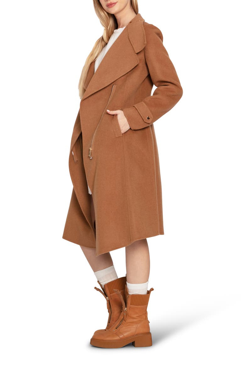 Envy Me Asymmetric Zip Wool Blend Coat, Alternate, color, CAMEL
