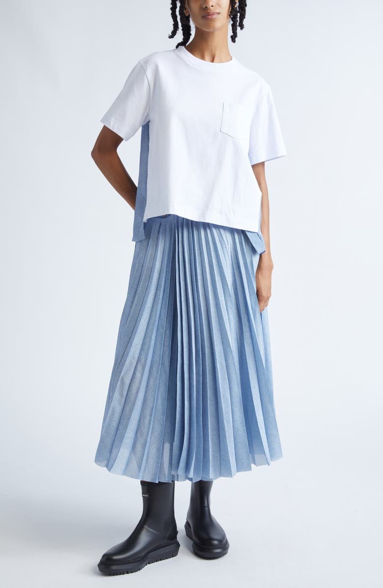 Sacai Pleated Mixed Media Midi Skirt, Alternate, color, Light Blue
