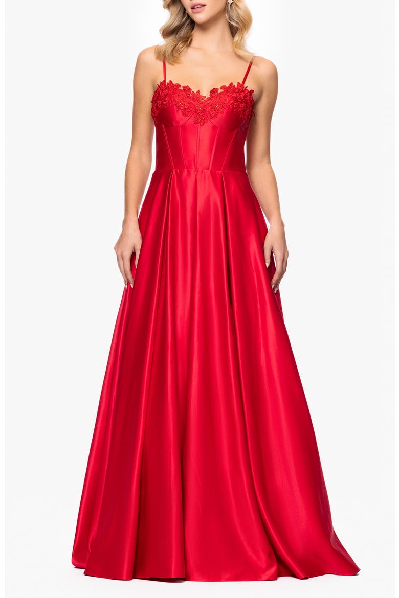 Floral Appliqué Lace-Up Satin Ballgown, Main, color, RED