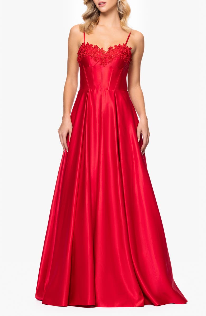 Blondie Nites Floral Appliqué Lace-Up Satin Ballgown, Main, color, Red