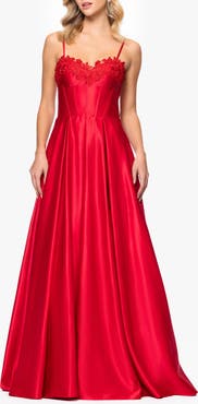 Blondie Nites Floral Appliqué Lace-Up Satin Ballgown