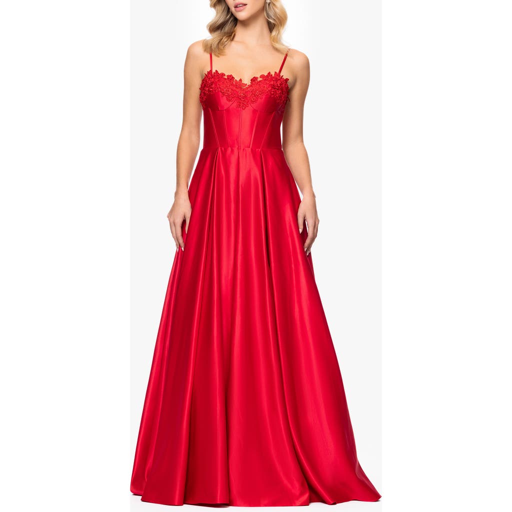 Blondie Nites Floral Appliqué Lace-up Satin Ballgown In Red