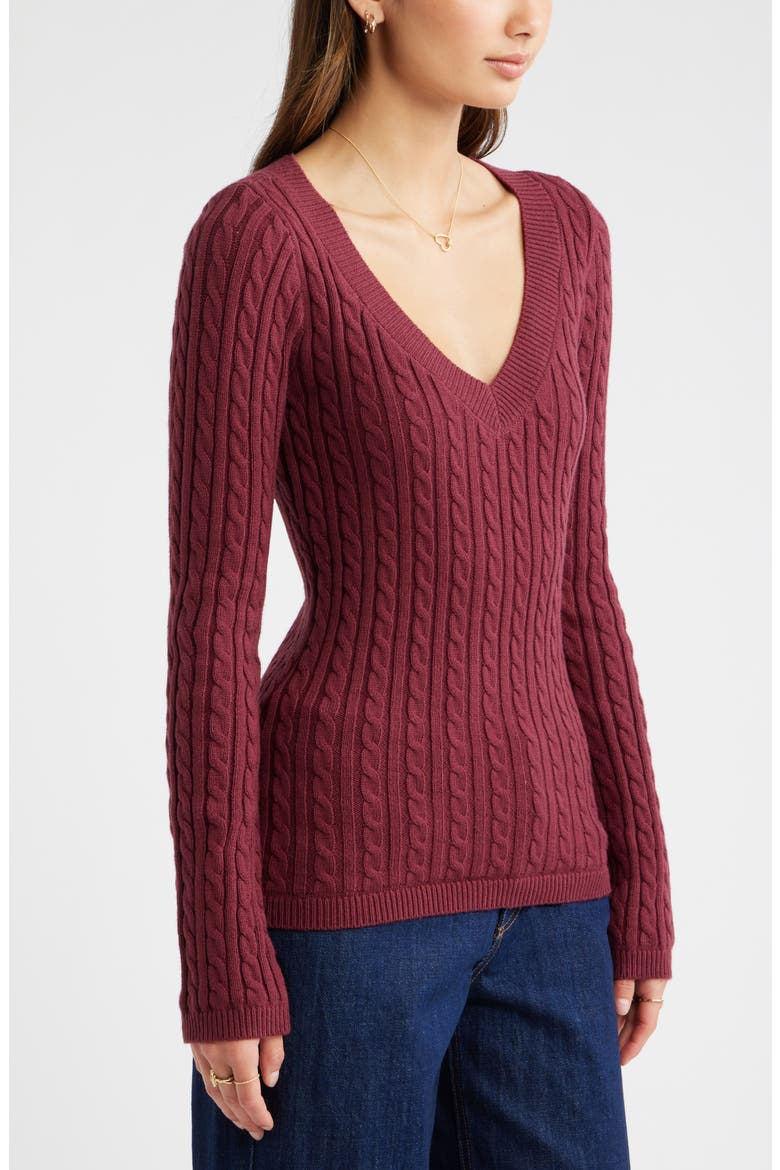Cable Stitch V-Neck Sweater, Alternate, color, BURGUNDY TANNIN
