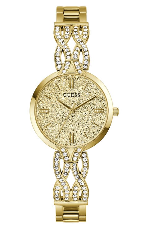 Coral Glitter & Crystal Goldtone Bracelet Watch, 32mm