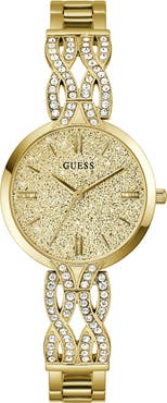 GUESS Coral Glitter & Crystal Goldtone Bracelet Watch, 32mm
