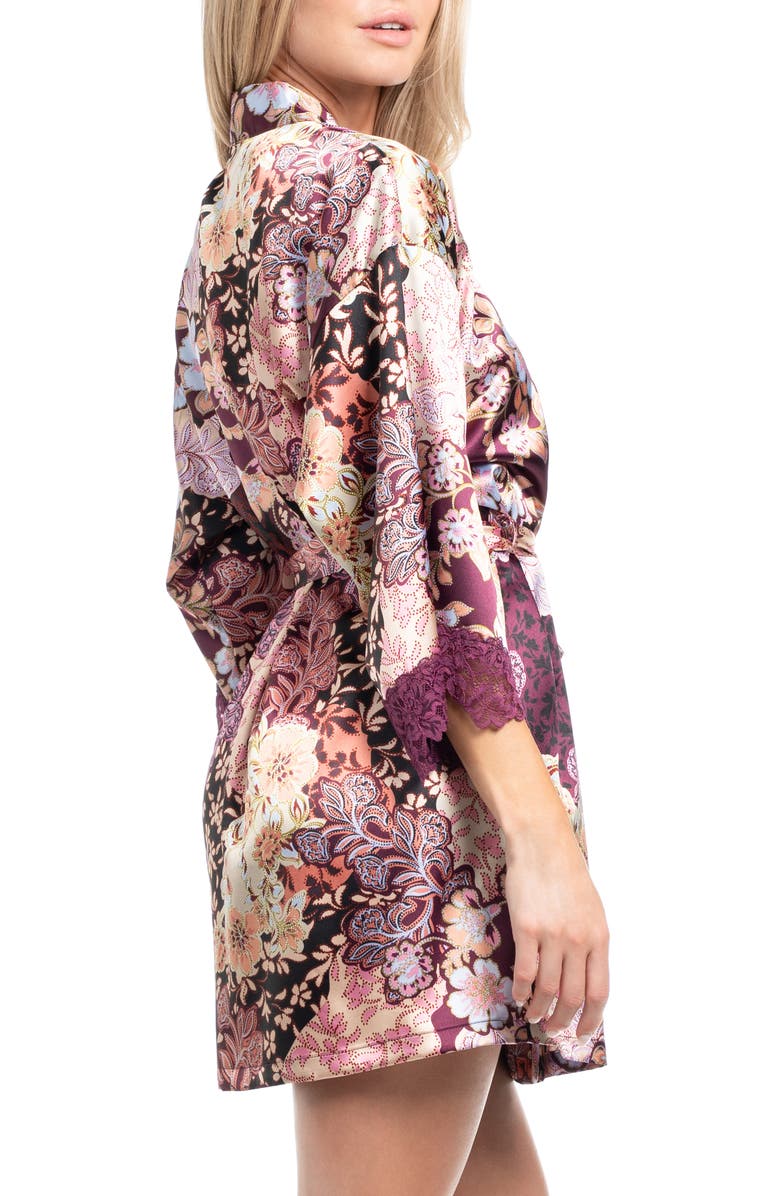 In Bloom by Jonquil Anna Printed Lace Trim Satin Wrap, Alternate, color, Plum