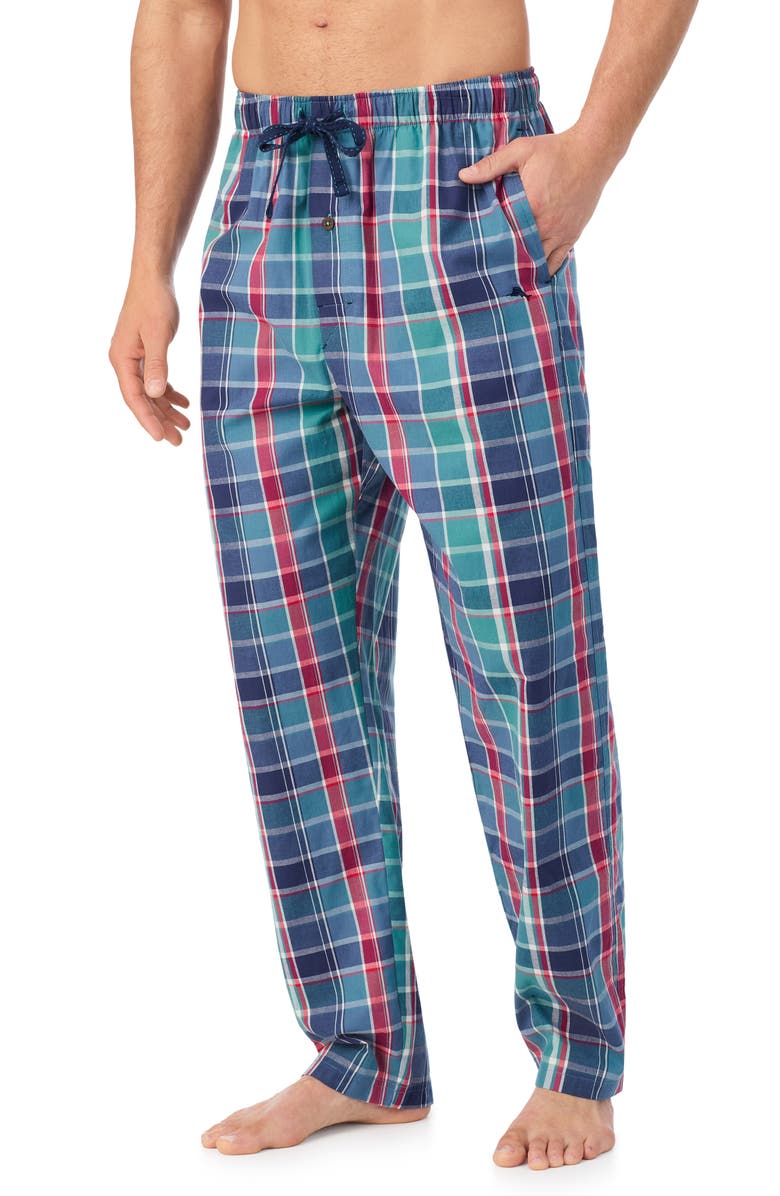 Tommy Bahama Woven Cotton Drawstring Pajama Pants, Alternate, color, Blue Plaid