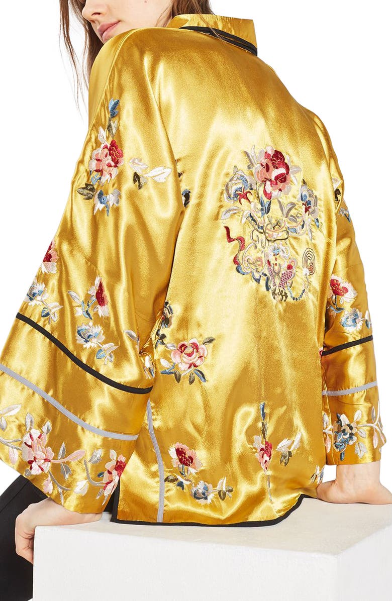 Topshop Embroidered Satin Kimono Jacket, Alternate, color, 