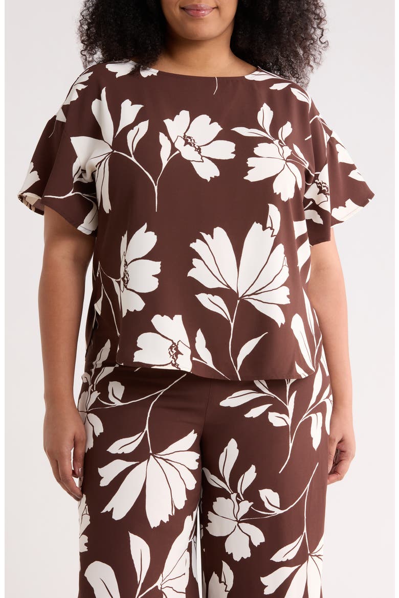 Floral Flutter Sleeve Bateau Neck Top, Main, color, DK CHOC/ WHT DV