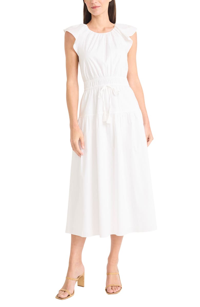 Maggy London Stretch Cotton Tiered Midi Dress, Main, color, Brilliant White