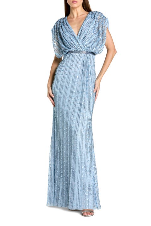 Beaded Mesh Blouson V Neck Column Gown