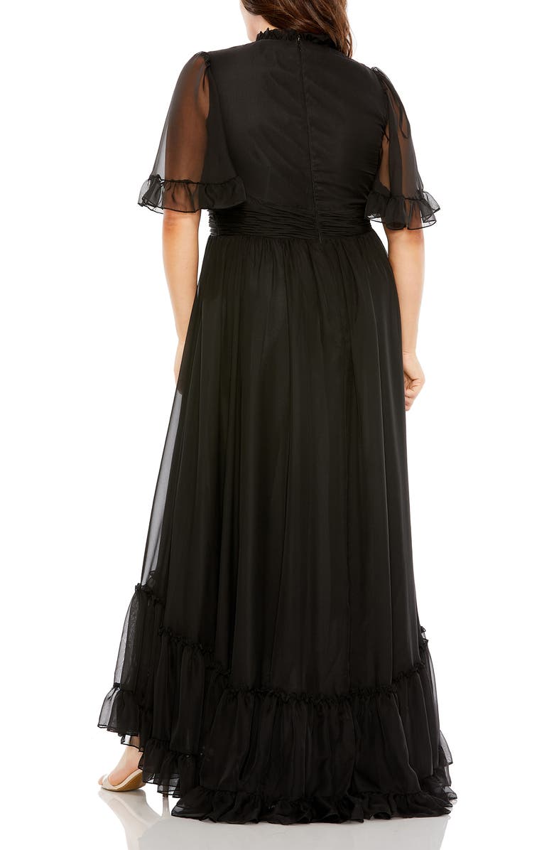 Mac Duggal High Neck Flutter Sleeve Ruffle Tiered High Low Gown, Alternate, color,