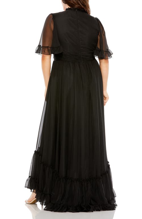 Mac Duggal High Neck Flutter Sleeve Ruffle Tiered High Low Plus Size Gown In Black