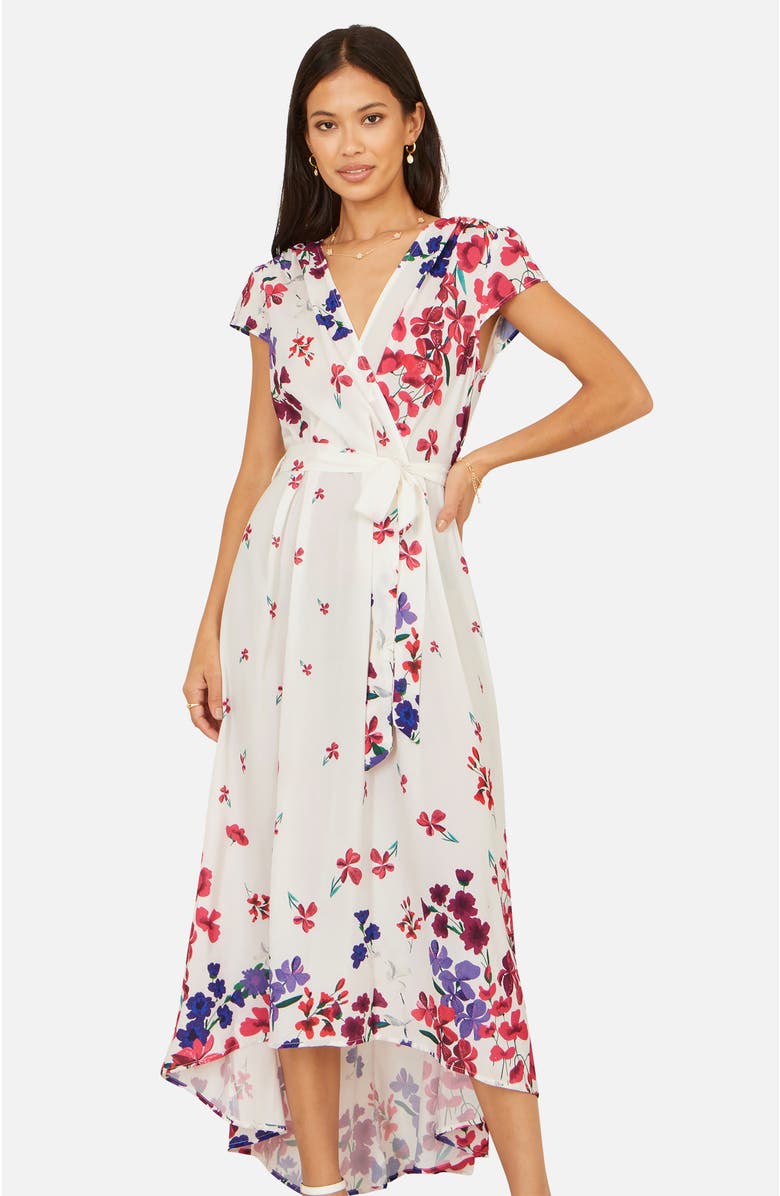 Yumi Floral Mirror Dip Hem Wrap Dress, Main, color, Ivory