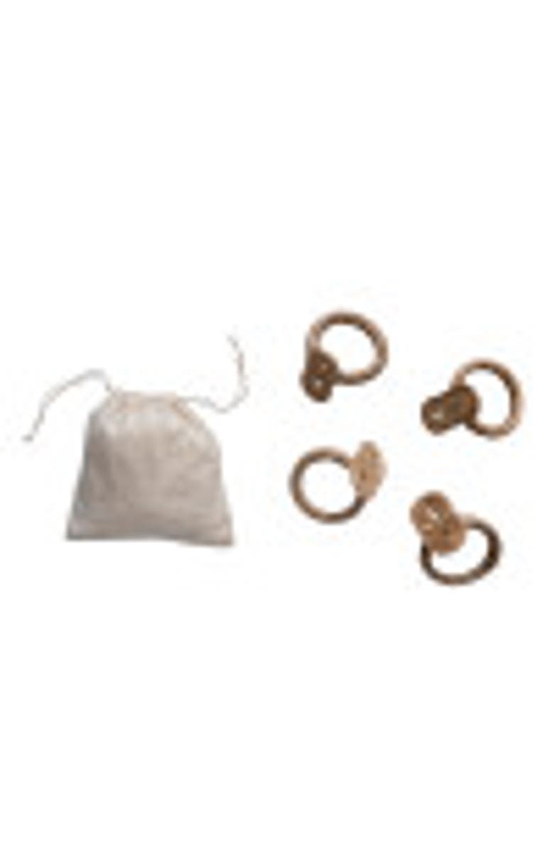 Storied Home Boho Woven wood Napkin Rings in Linen Drawstring Bag, Set of 4, Alternate, color, Natural