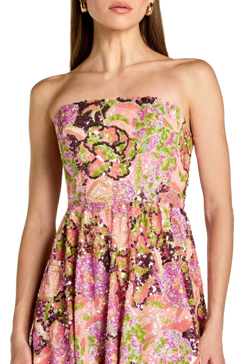mac duggal sequin floral cocktail midi dress Mac Duggal Strapless Floral Sequin Midi Dress