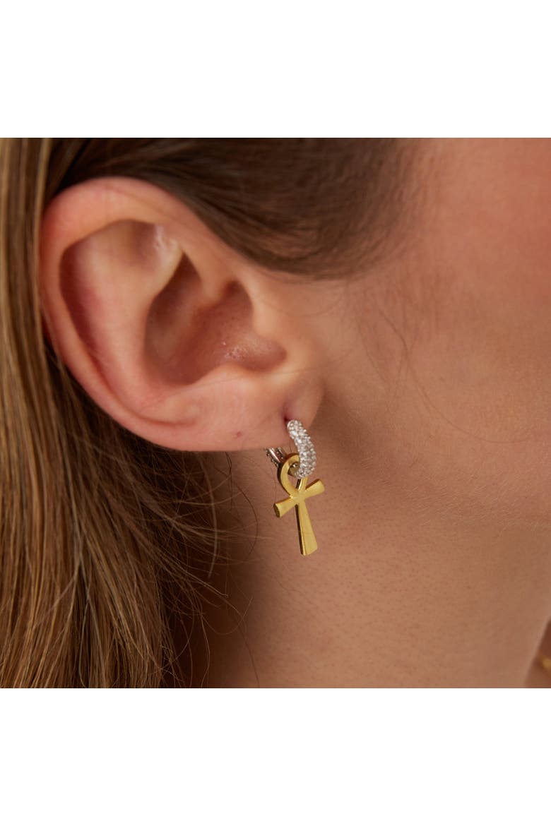 Sterling Silver Egyptian Ankh Zirconia Hoop Earring, Alternate, color, Gold
