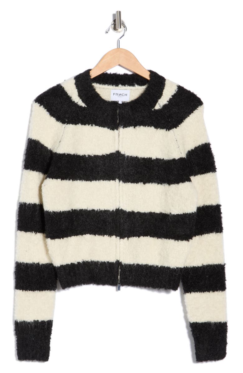 FRNCH Stripe Bouclé Full Zip Cardigan, Alternate, color, Noir