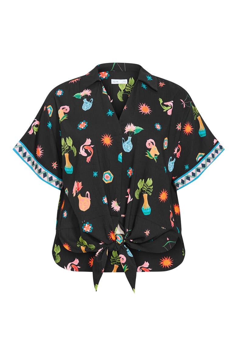 Selena Print Tie Front Top, Alternate, color, BLACK