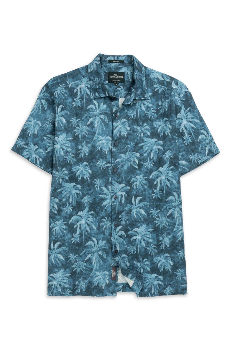 Rodd & Gunn Destiny Bay Palm Tree Print Short Sleeve Linen Button-Up Shirt, Alternate, color, Teal