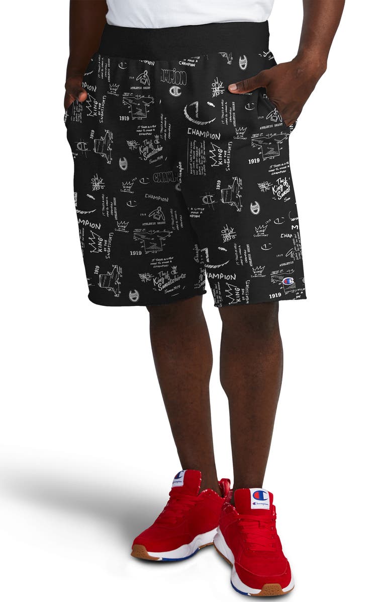 Champion Reverse Weave Scribble Print Fleece Shorts, Main, color, 