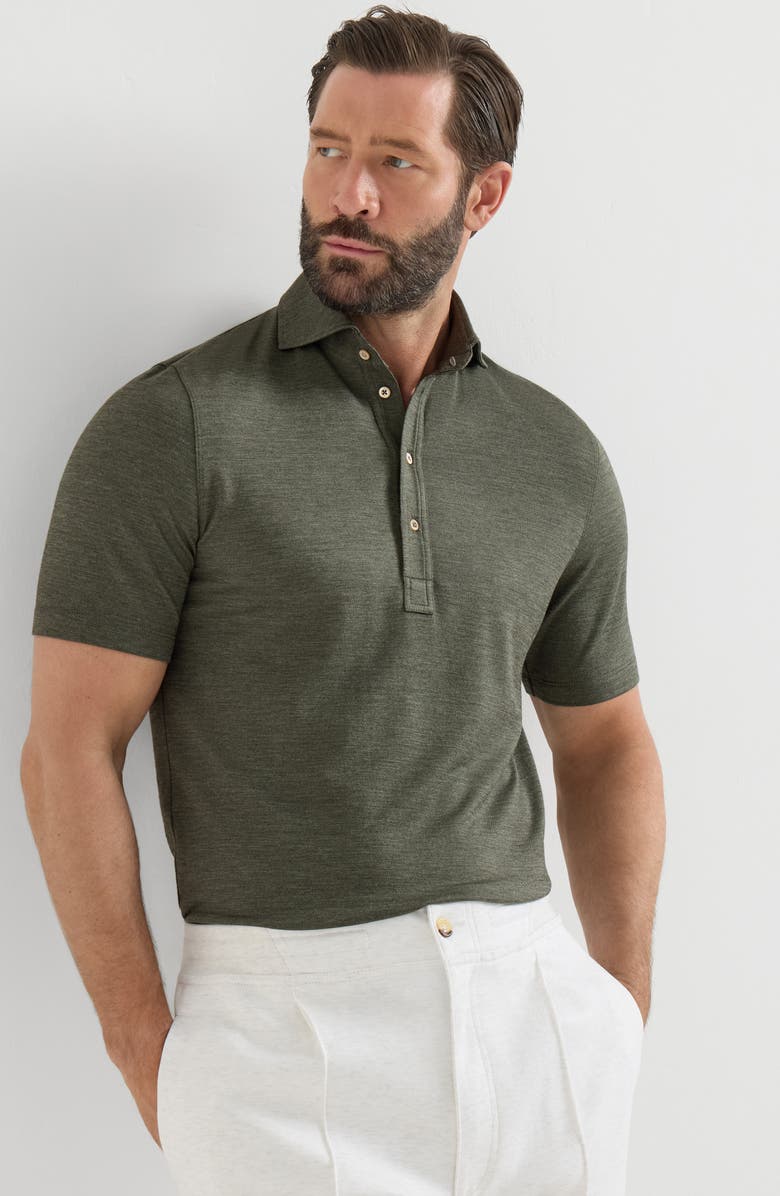 Brunello Cucinelli Virgin wool, silk and cotton piqué polo shirt with spread collar, Alternate, color, Military