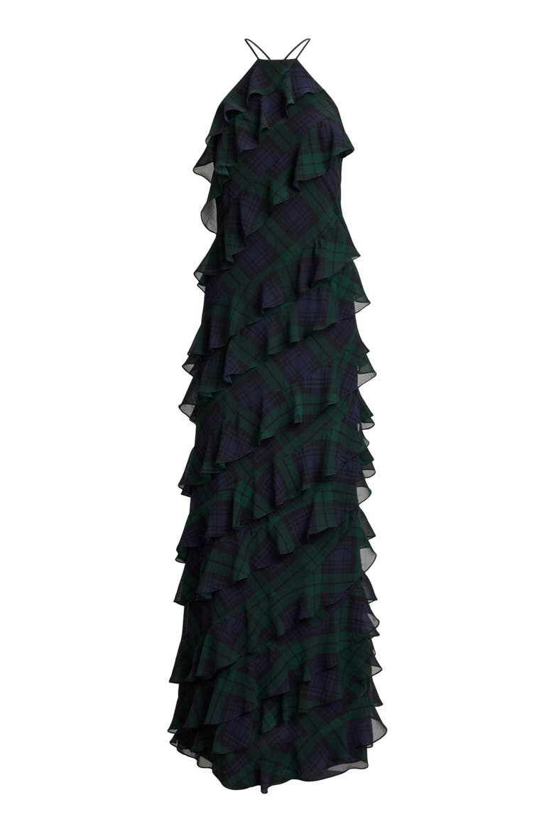 Plaid Ruffle Georgette Maxi Dress, Alternate, color, NAVY BLUE/ GREEN/ BLACK