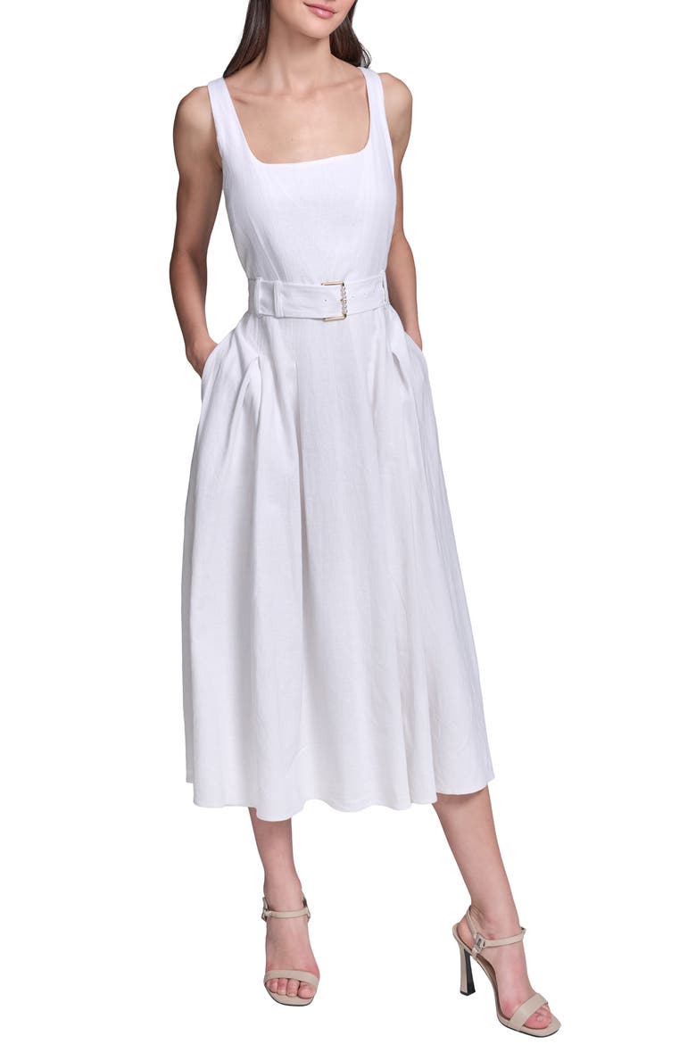 Belted Fit & Flare Dress, Main, color, SOFT WHITE