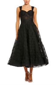 Mac Duggal Sleeveless A Line Bustier Floral Tulle Midi Dress