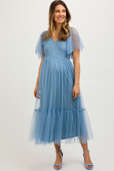 Dotted Tulle Smocked Midi Dress
