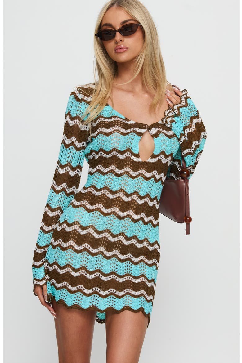 Suka Open Stitch Long Sleeve Minidress, Alternate, color, BROWN / BLUE