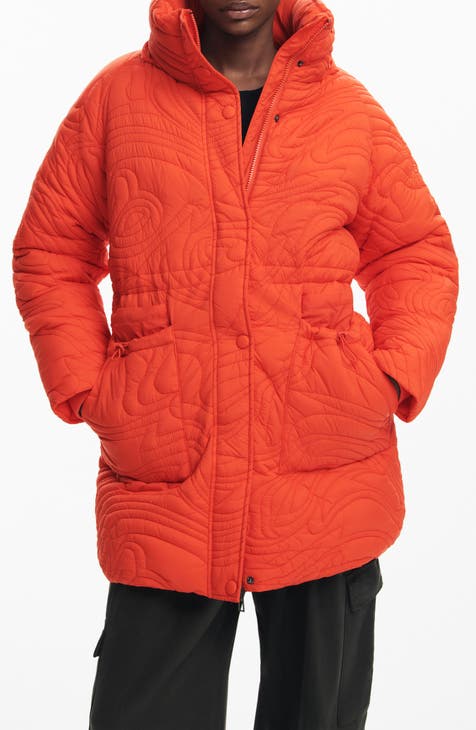 Nylon Quilted Puffer good Button-up Jacket (Orange)