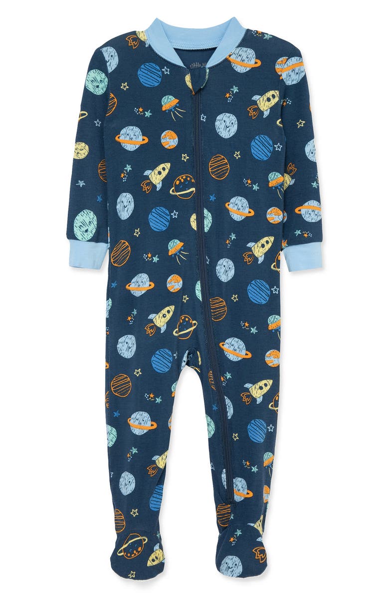 Little Me Space Print Stretch Viscose One-Piece Footed Pajamas, Main, color, Blue