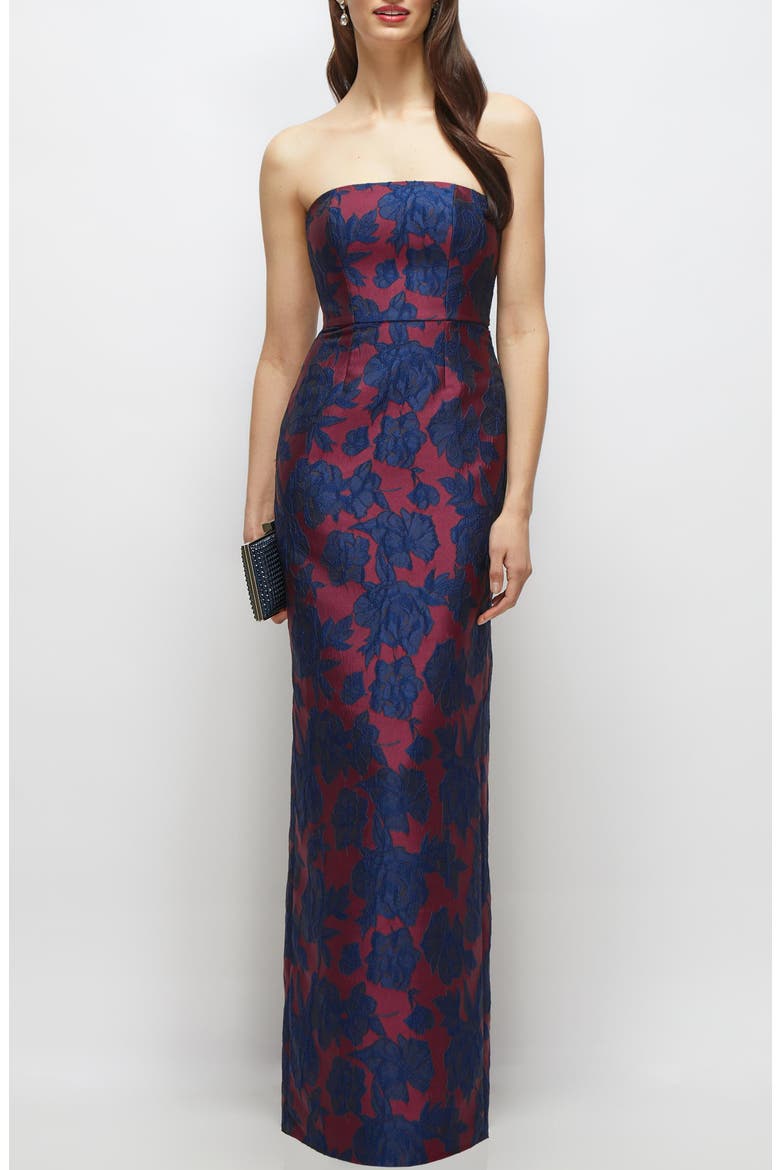 Strapless Jacquard Column Gown, Main, color, BURGUNDY NAVY FLORAL