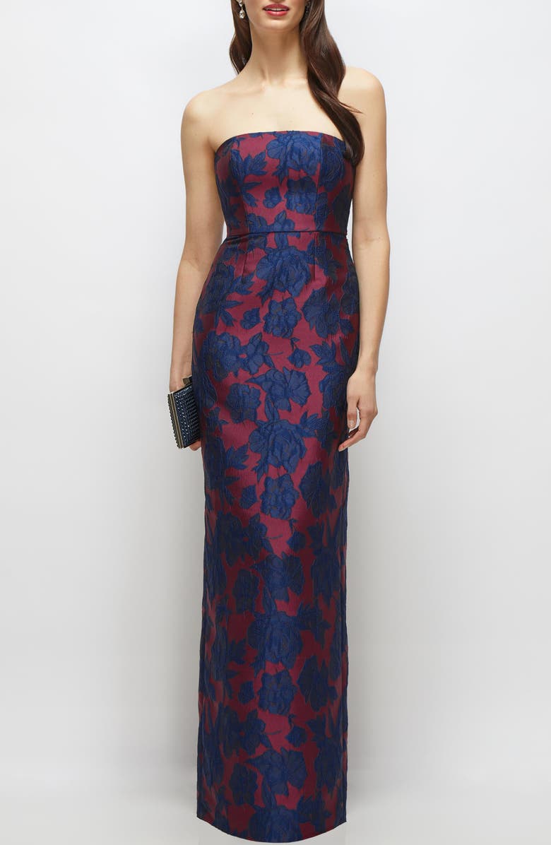 Alfred Sung Strapless Jacquard Column Gown, Main, color, Burgundy Navy Floral