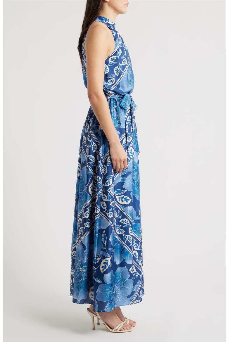 Printed Mock Neck Satin Maxi Dress, Alternate, color, BLUE MULTI