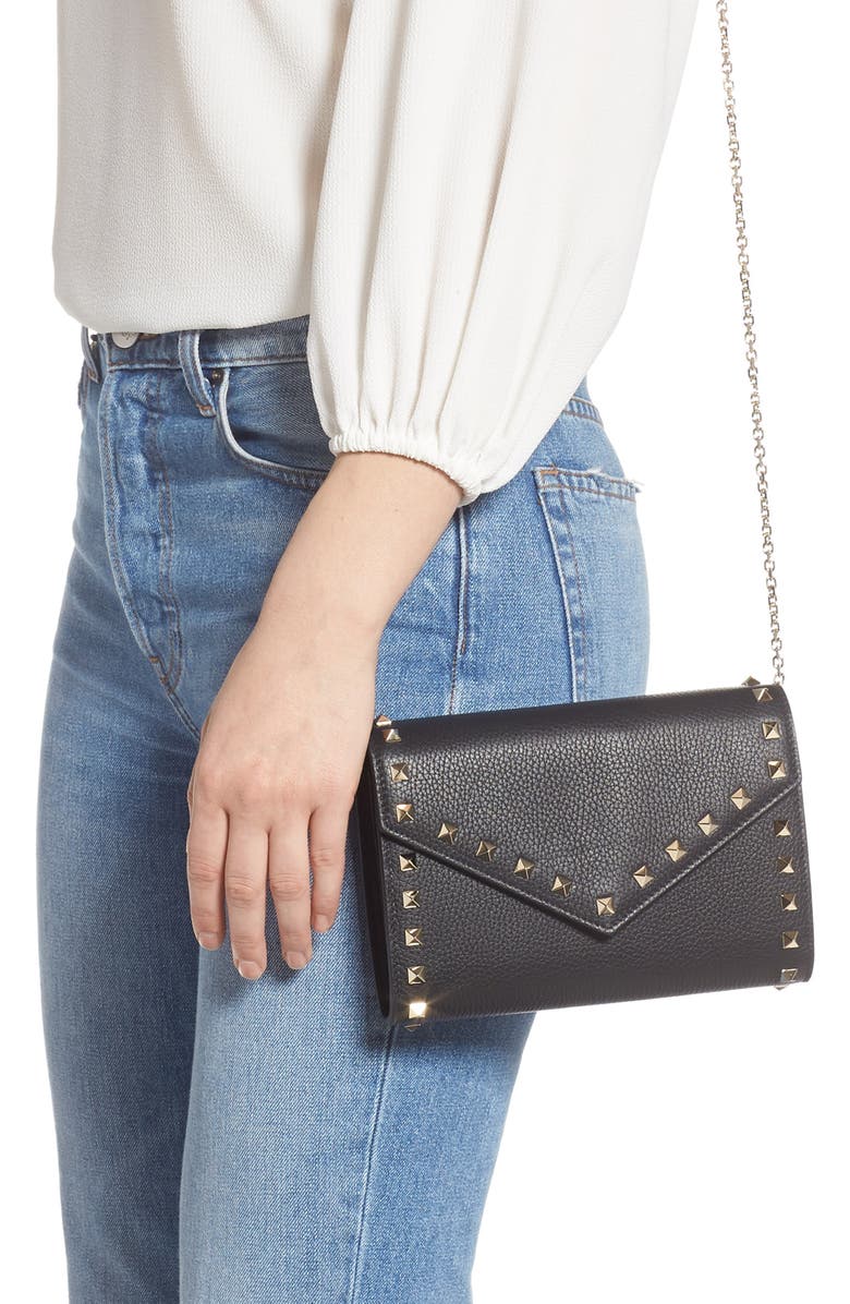 Valentino Garavani Rockstud V-Flap Calfskin Leather Wallet on a Chain, Alternate, color,