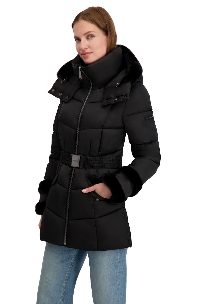 Laundry by Shelli Segal Petal Faux Fur Trim Hooded Puffer Jacket, Alternate, color, Black
