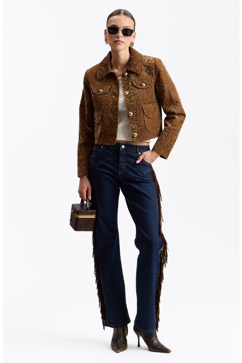 Flocked Floral Jacquard Cropped Jacket, Alternate, color, COGNAC
